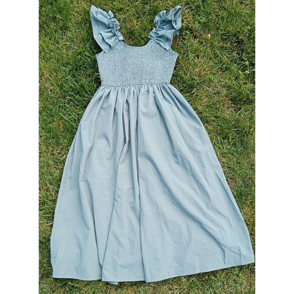 Ren Faire Smocked Midi Dress Green Ruffle Sleeve Cottagecore Peasant Pockets M - Picture 5 of 9